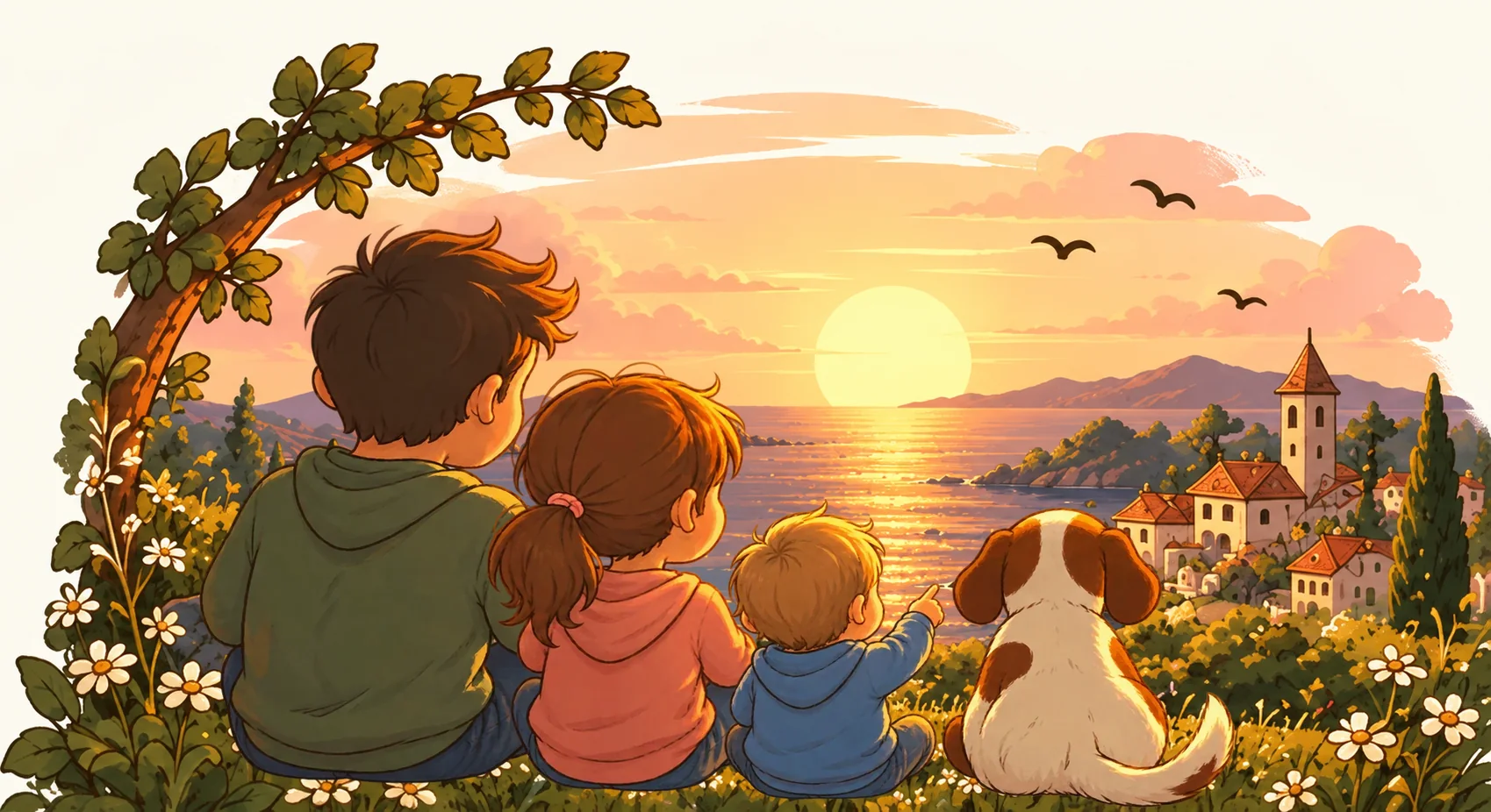 Una familia mira el mar al atardecer