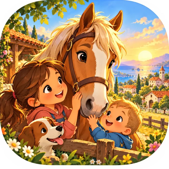 Una niña y un niño acarician a un caballo
