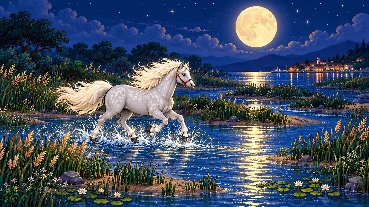 Un caballo blanco galopa por el agua bajo la luna